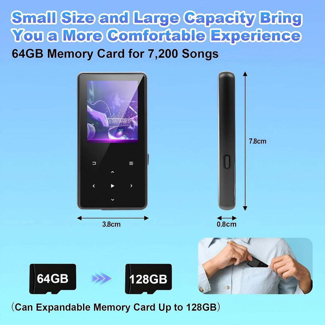 MP3 Player 64GB mit Bluetooth, Mini Digitaler Musik Player mit Lautsprecher, FM Radio, HiFi Audio, M