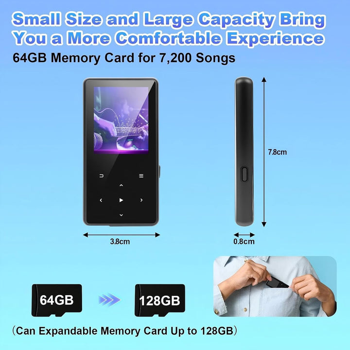 MP3 Player 64GB mit Bluetooth, Mini Digitaler Musik Player mit Lautsprecher, FM Radio, HiFi Audio, M