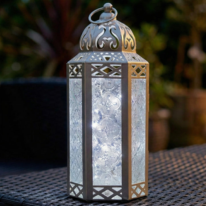 Dekorativer Kerzen-Laternenhalter mit LED-Lichterketten, Weissgold, Medium | Hochzeitstischdekoratio