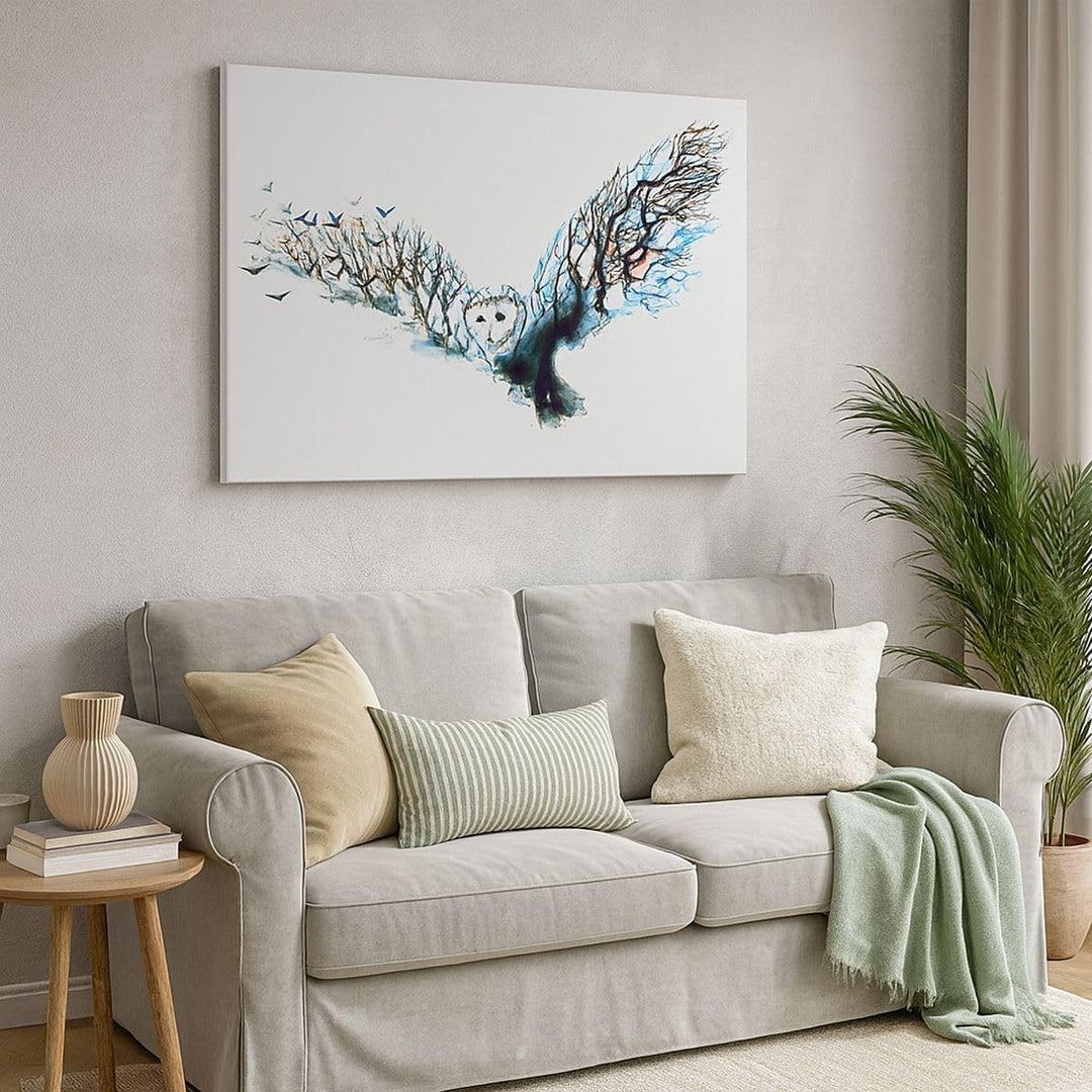 Bilder auf Leinwand 100x70cm Leinwandbild mit Rahmen Eule wild Wald Flug Gross Wanddeko Bild Schlafz
