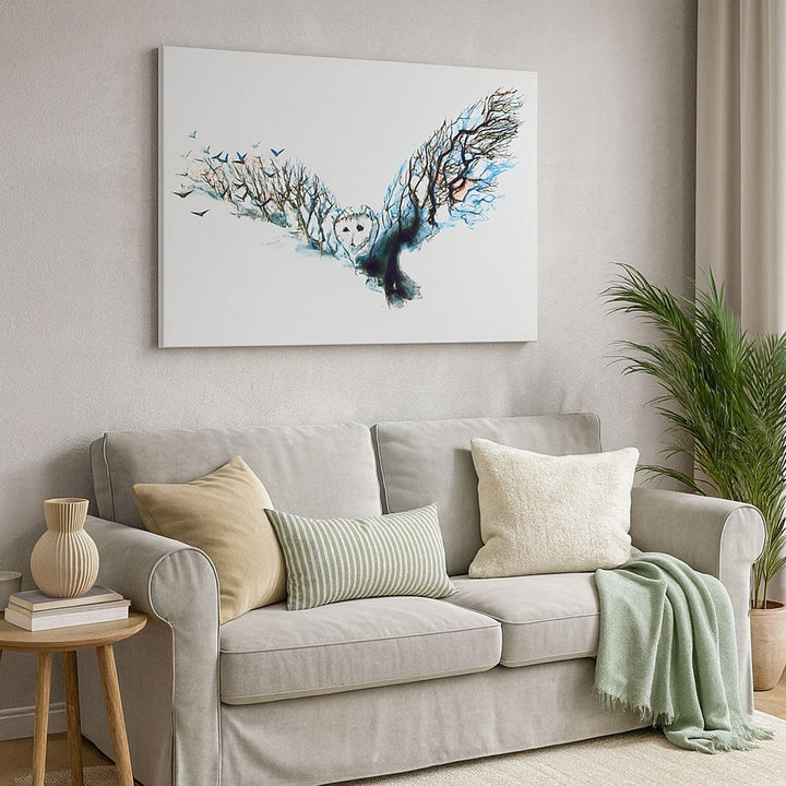 Bilder auf Leinwand 100x70cm Leinwandbild mit Rahmen Eule wild Wald Flug Gross Wanddeko Bild Schlafz