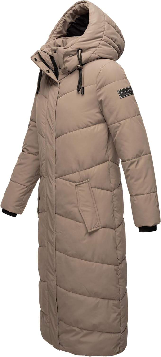 Navahoo Damen Wintermantel Steppmantel extralang mit abnehmbarer Kapuze Hingucker XIV XS-XXL L Taupe