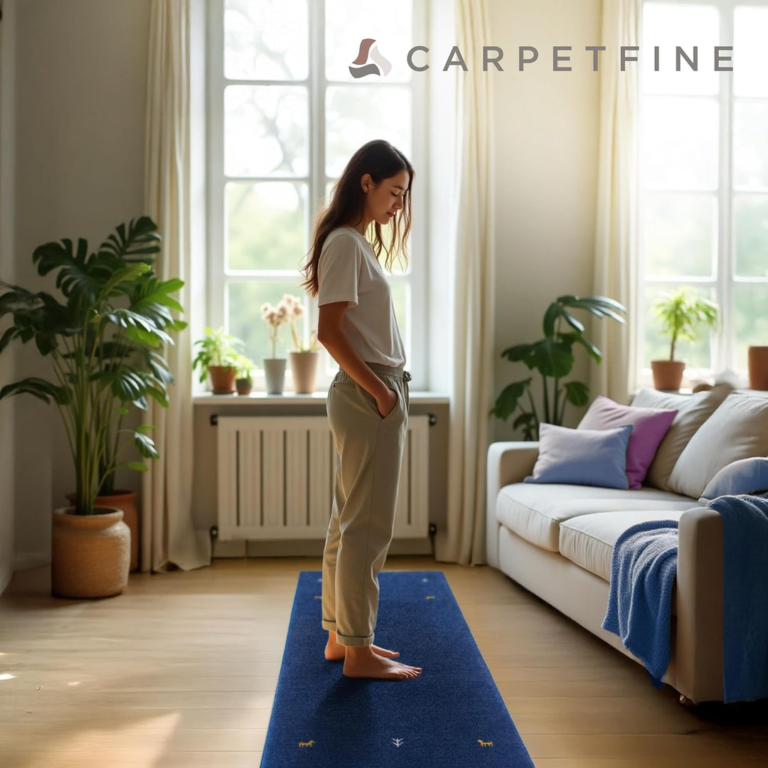 carpetfine Wollteppich Gabbeh Uni Läufer Blau 60x180 cm | Moderner Teppich für Wohn- und Schlafzimme