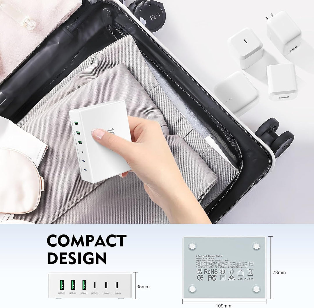 USB C Ladegerät, 100W 6-Port USB Ladegerät Mehrfach, Schnellladegerät PD 3.0, USB-C Ladestation für