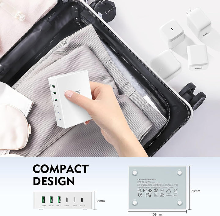 USB C Ladegerät, 100W 6-Port USB Ladegerät Mehrfach, Schnellladegerät PD 3.0, USB-C Ladestation für
