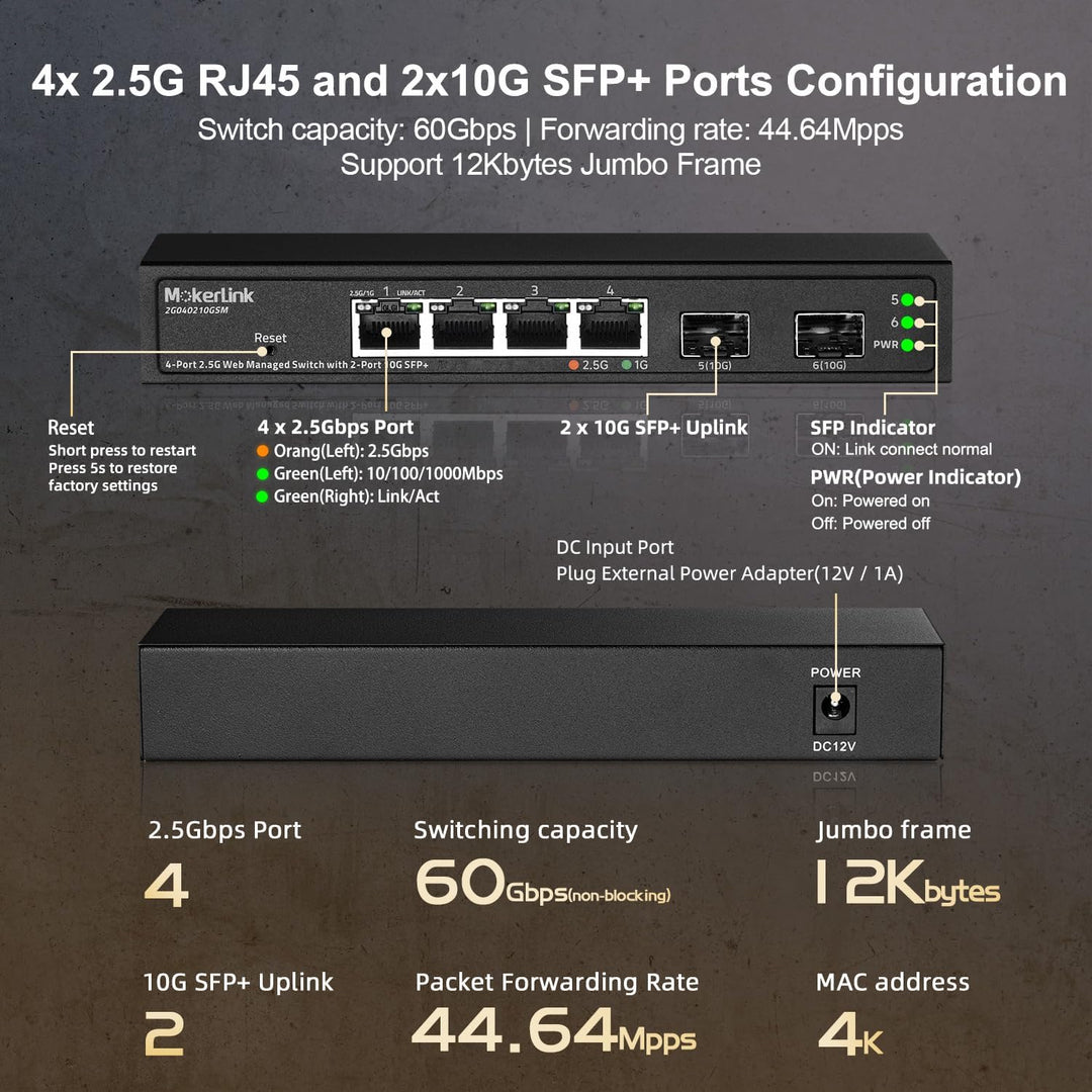 MokerLink 4 Port 2.5G Managed Switch mit 2 Port 10G SFP+ Slot, 4 x 2.5Gigabit Base-T Ports kompatibe