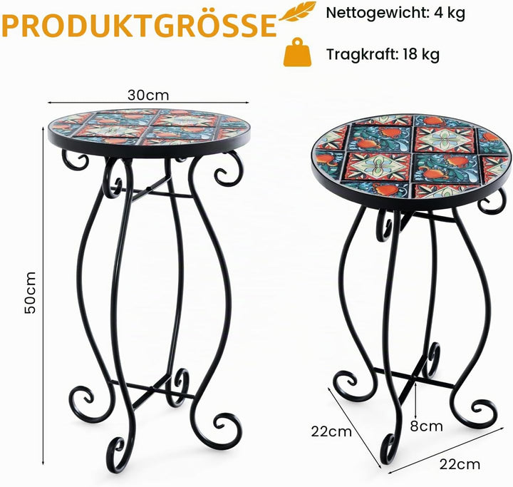HOMASIS 30x30x50cm Gartentisch Beistelltisch mit Mosaik-Muster, Pflanzenständer mit runder Tischplat