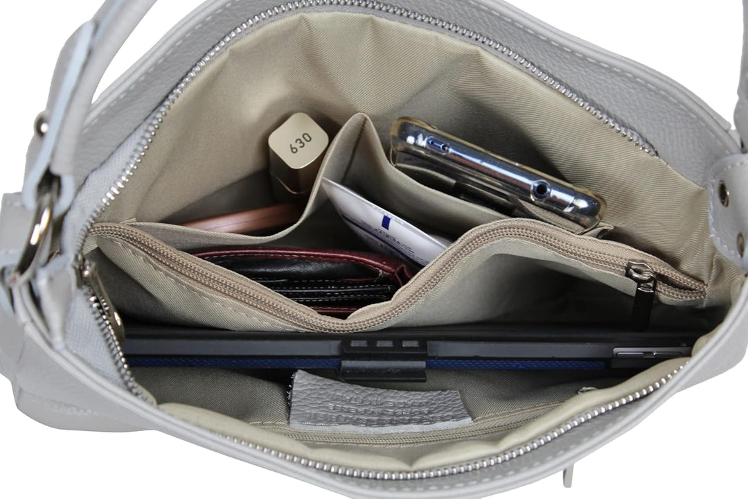 AmbraModa GL35 - Damen Handtasche Schultertasche Umhängetasche aus genarbtem Rindsleder Beige Creme,