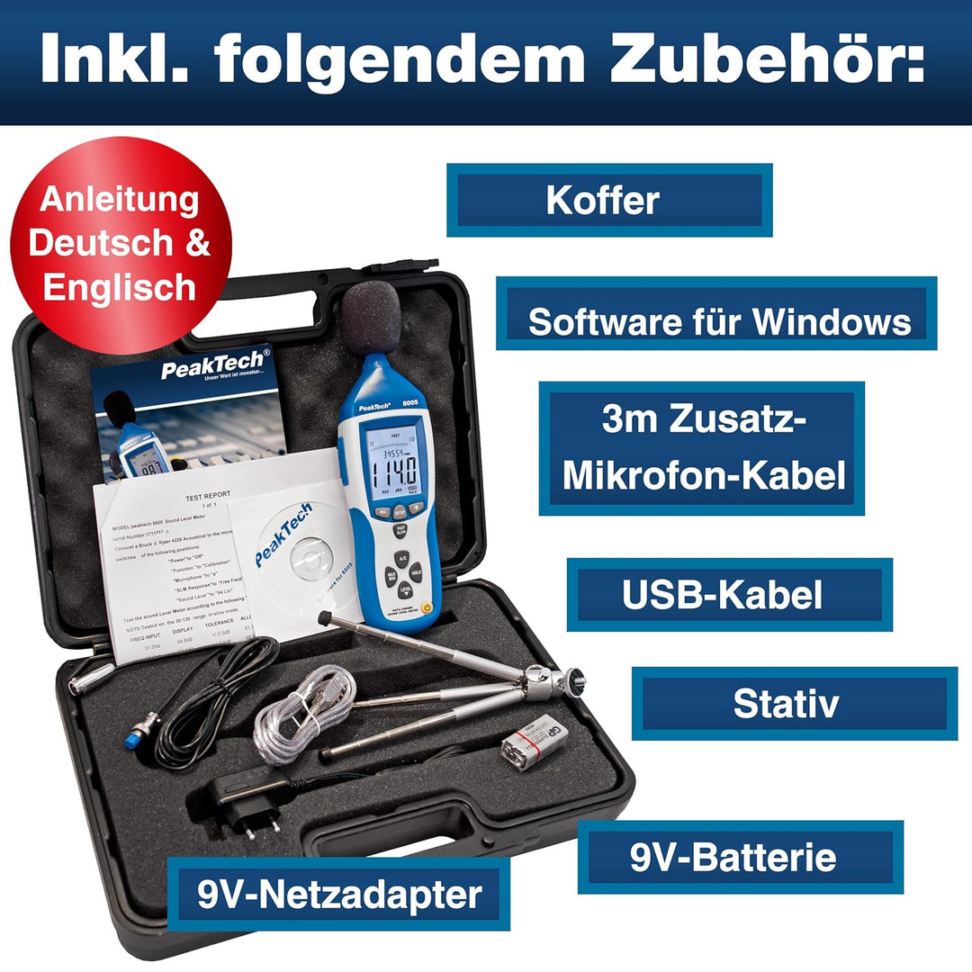 PeakTech 8005 - Schallpegelmessgerät Klasse 2 mit Aufzeichnung (32000 Messwerte), Kalibriert, Schall