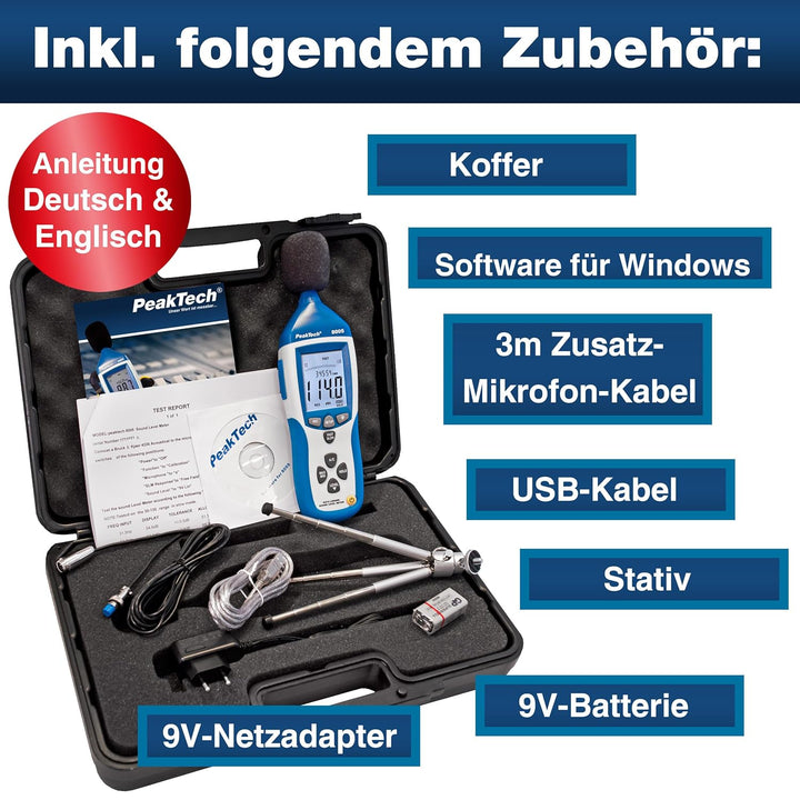 PeakTech 8005 - Schallpegelmessgerät Klasse 2 mit Aufzeichnung (32000 Messwerte), Kalibriert, Schall