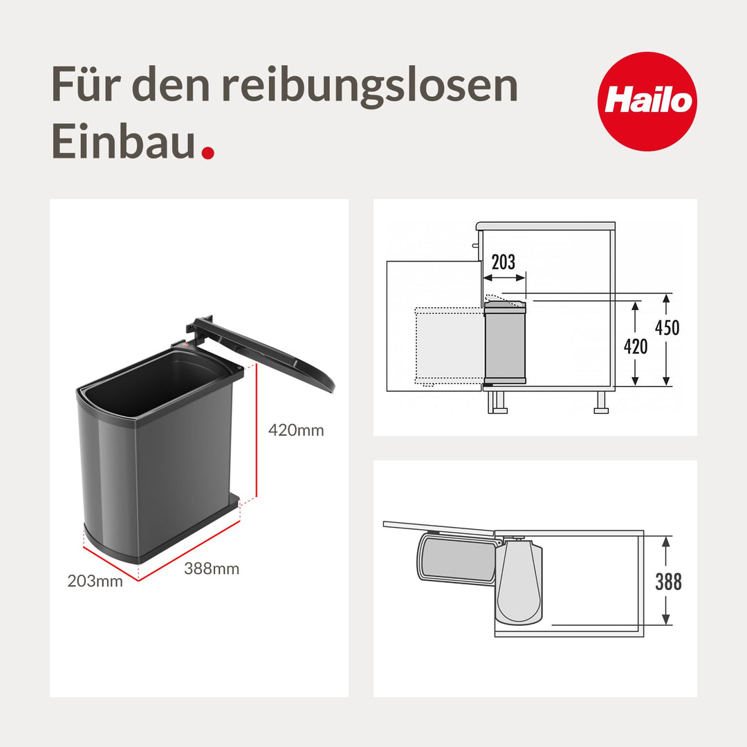 Hailo Abfallsammler 3418071 | Mülleimer Uno 18 L schwenkbar | Einbau Abfalleimer dunkelgrau schwarz