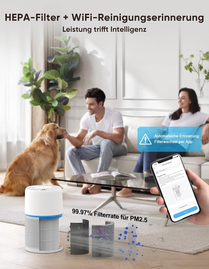 WiFi Smart Luftreiniger mit App & Alexa/Google Sprachsteuerung - 360° Luftstrom, H13 HEPA Filter (99