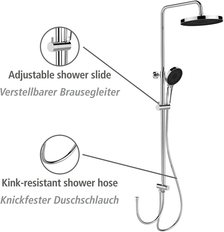 WENKO Duschsystem Softwater, Duschstange aus Edelstahl mit Regenduschkopf, Handbrause, Duschschlauch