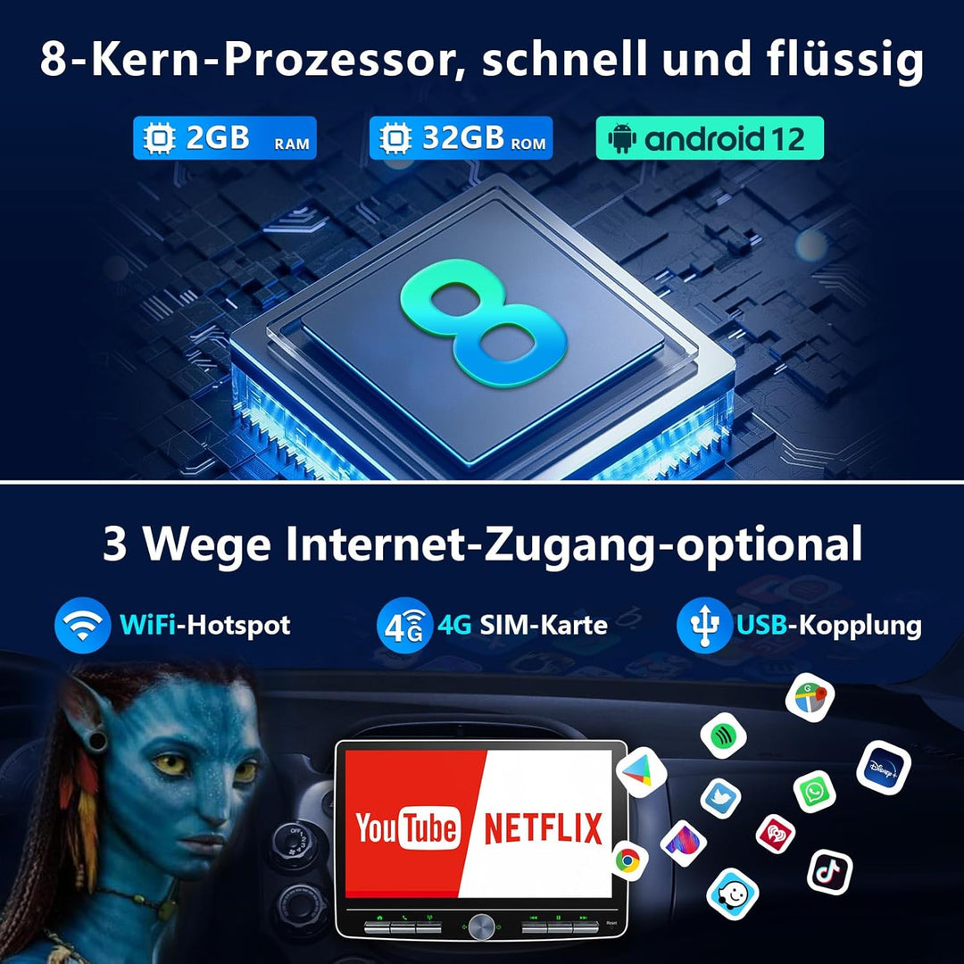 Android 12 Autoradio Wireless CarPlay Android Auto, 10.1 Zoll Bildschirm DAB+ Autoradio 1Din Car Pla