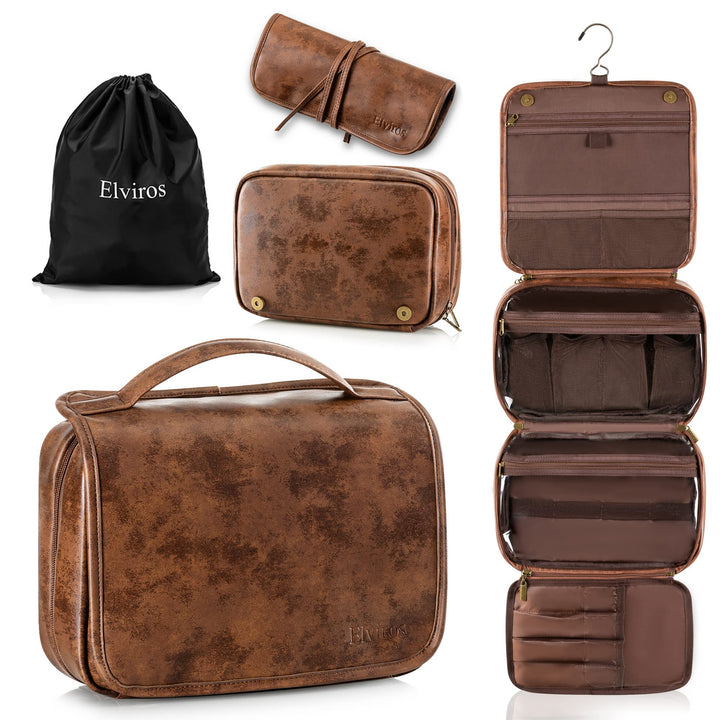 Elviros Kulturbeutel für Herren, Geschenke für Männer aus PU-Leder, kulturtasche zum aufhängen, 3 in