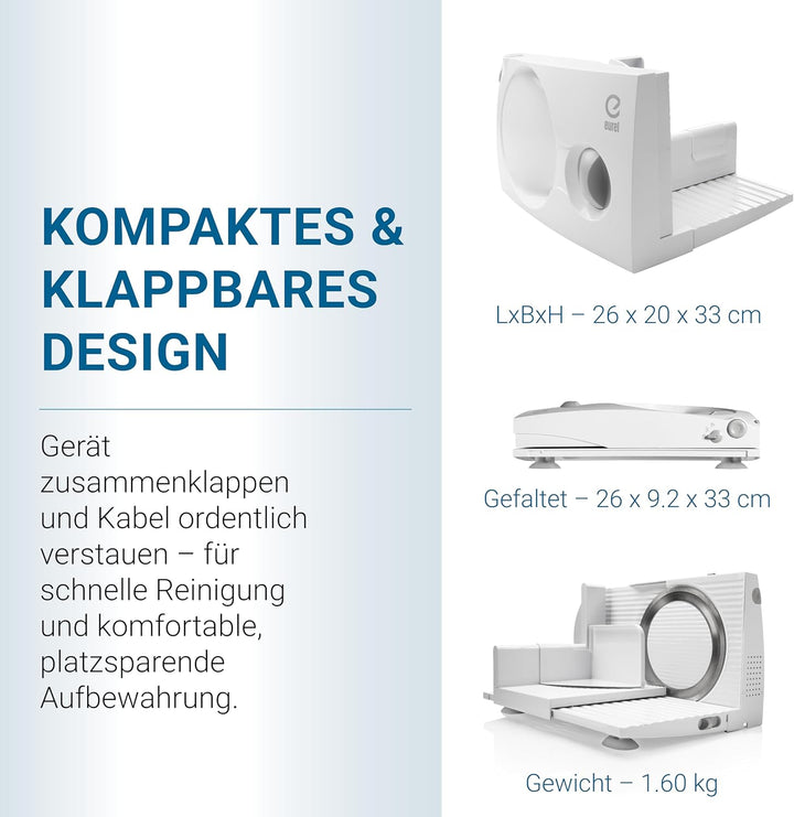 EUREL RS46 Allesschneider Made in Europa, Dauerschaltung, Serviertablett, platzsparend klappbar Elek