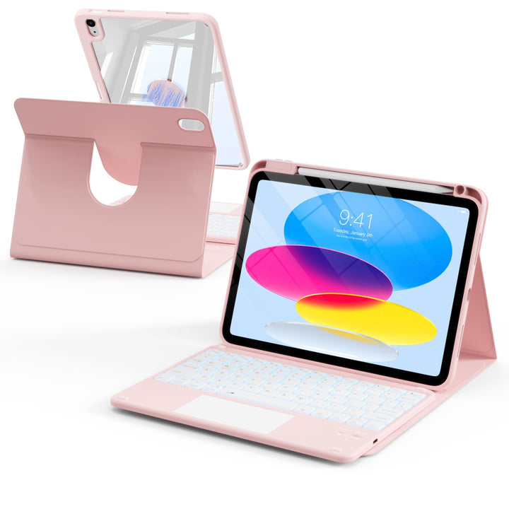 Hülle mit Tastatur für iPad A16 11/10 Generation mit Touchpad, Rosa | 360° Hülle mit Standfunktion,