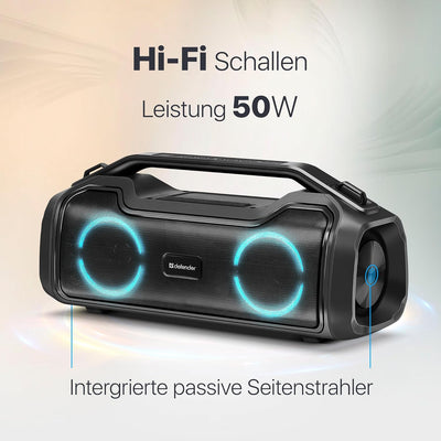 Defender Bluetooth-Lautsprecher Beatbox 50, IPX5 wasserdicht, Party Boombox 50 W mit Stereo-Sound, L