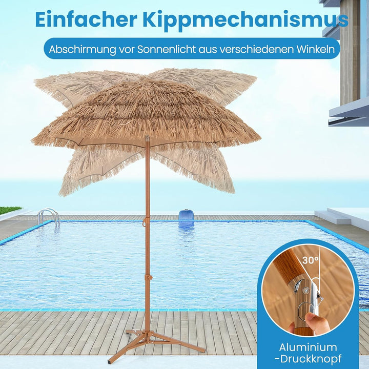 GOPLUS Sonnenschirm Hawaii, Ø 175 cm Strohschirm mit Ständer, Strandschirm Stroh um 30° knickbar, Te