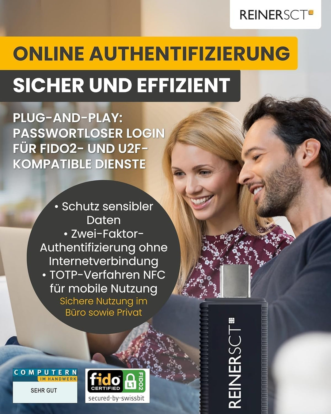 REINER SCT FIDO Stick Pro USB-C Sicherheitsschlüssel | FIDO2- & U2F-kompatibel. Passwortlose Anmeldu