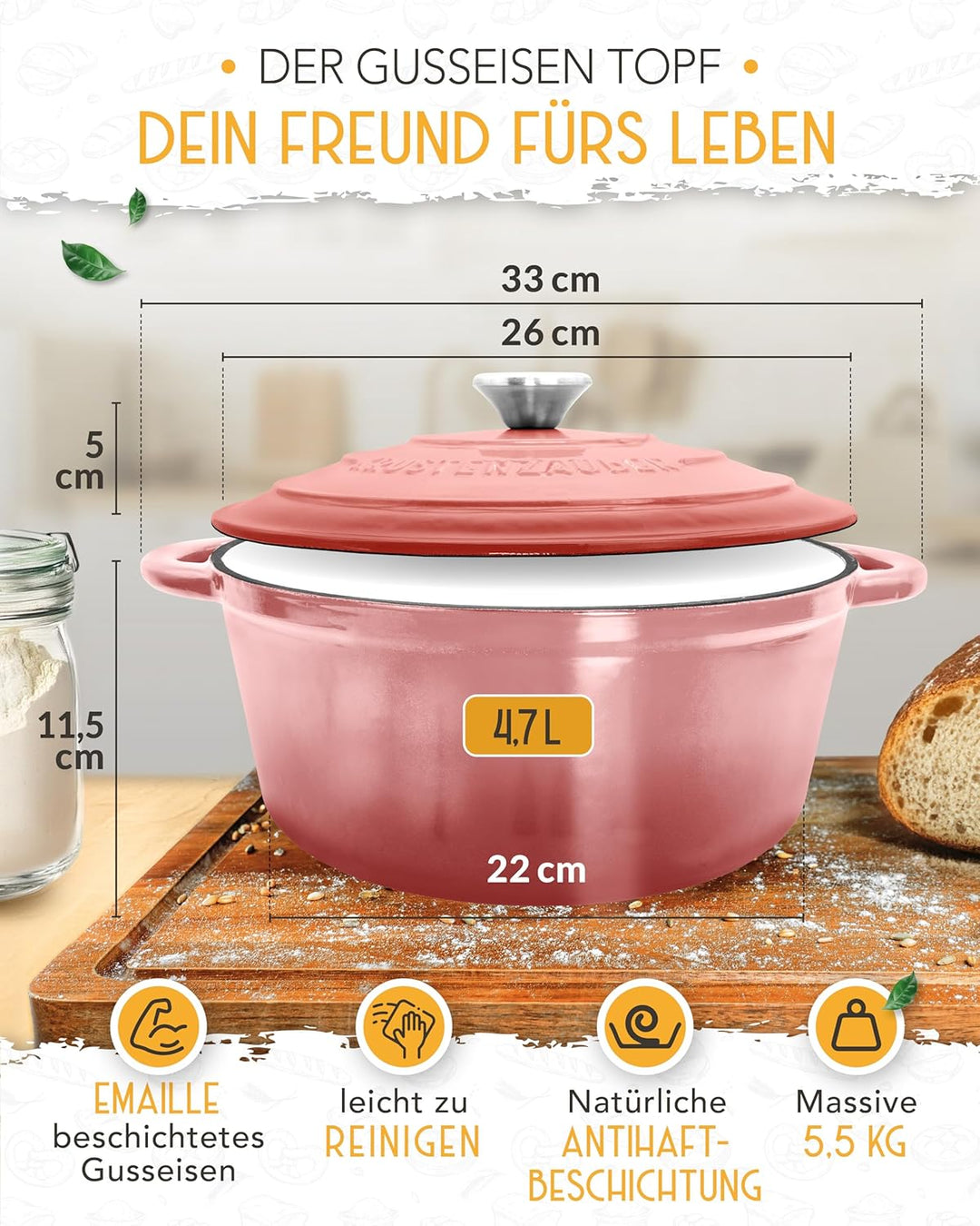 Gusseisen Topf Brot Backen emailliert im XXL Set - Brotbackform mit Deckel inkl Gärkorb, Schneebesen