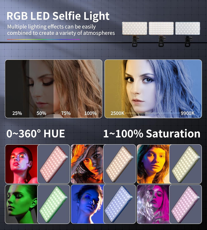 Selfie Licht mit RGB-Vollfarbe, 135 LED 4000mAh CRI96+ LED Videoleuchte mit Hotshoe und Clip,2500K-9