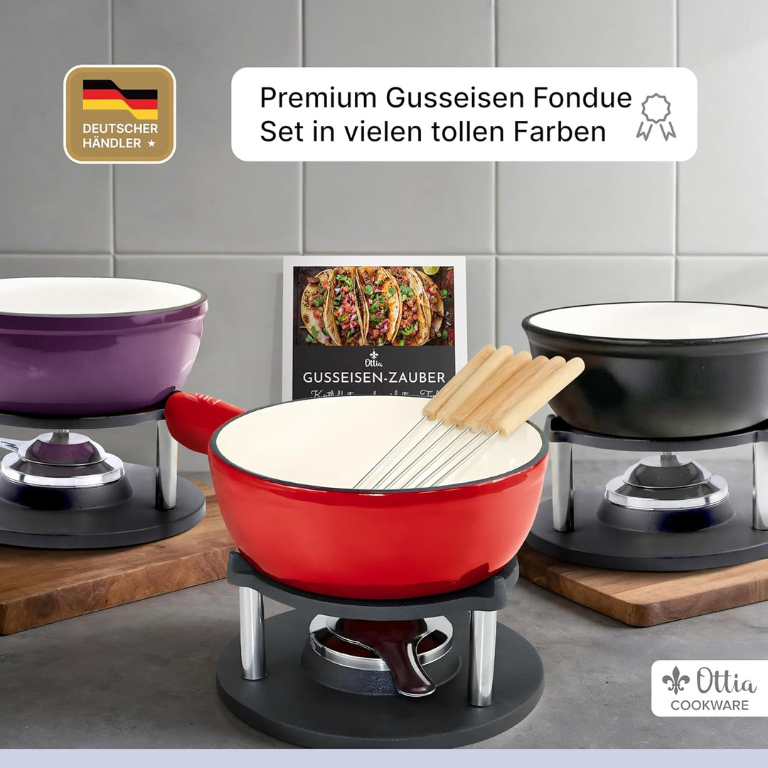 Ottia Gusseisen Fondue Set für 2, 3, 4, 5, 6 Personen, 3-lagige Emaille, Schadstofffrei, 10-teilig m
