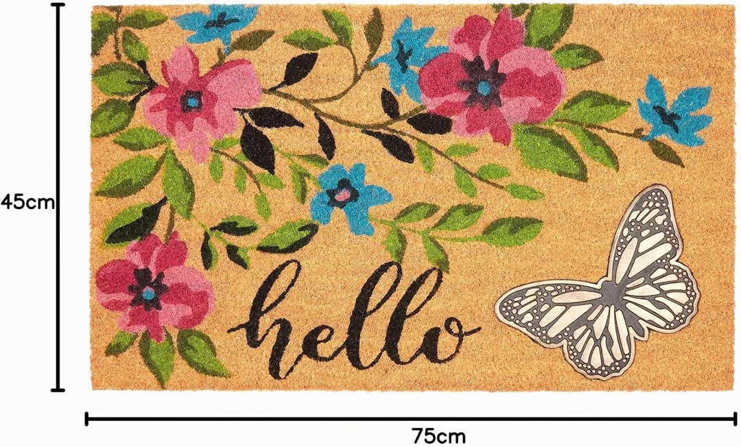 BRUBAKER Fussmatte für Aussen und Innen - 3D Schmetterling mit Blumen und Hello - 45 x 75 cm Schmutz