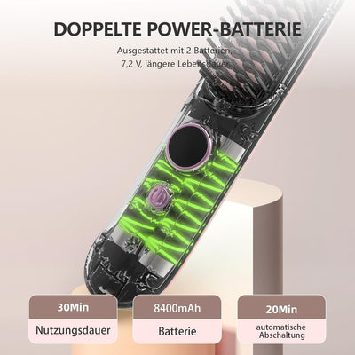 Haarglätter Bürste Kabelloser, 8400mAh Mini Glättungsbürste mit Negativen Ionen/ 120-200℃/ LCD Bilds