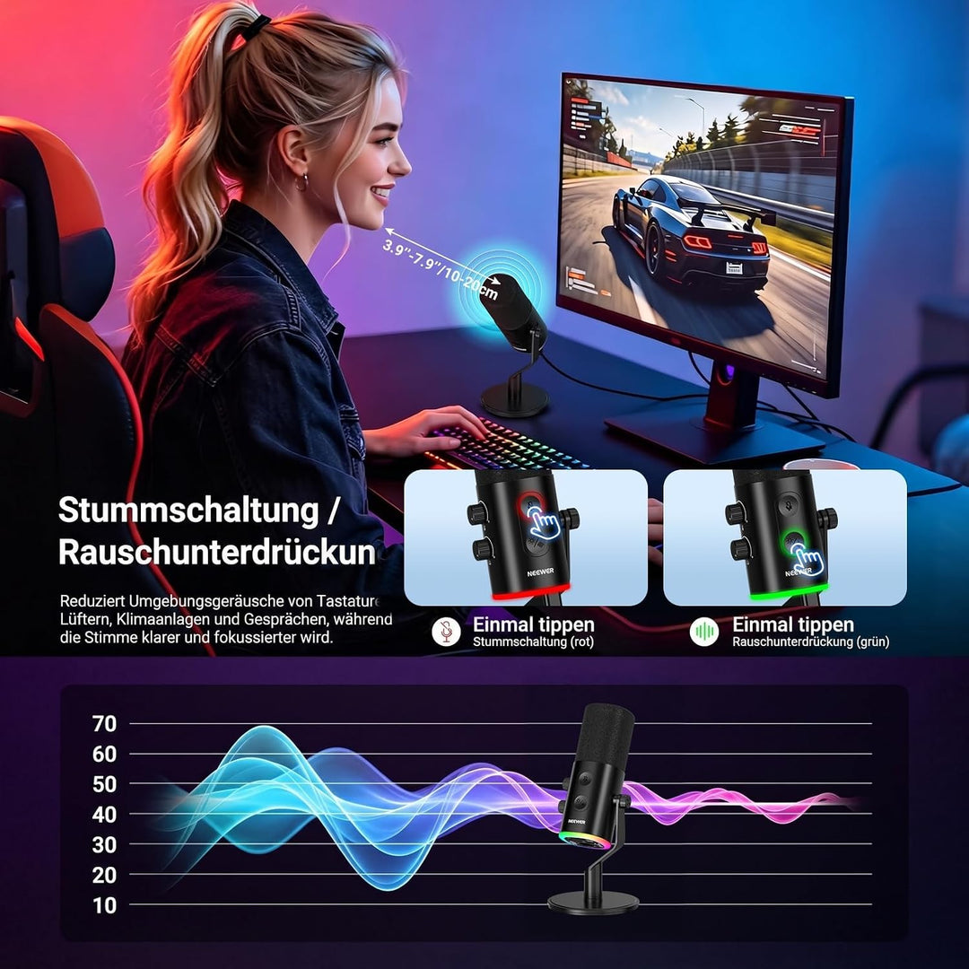 NEEWER DM03 USB/XLR RGB Dynamik Mikrofon mit Stummschaltung AI Rauschunterdrückung, Mic Verstärkungs
