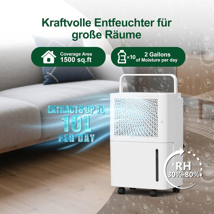 Luftentfeuchter Elektrisch,10L/Tag Hochleistungs Entfeuchter,Raumentfeuchter mit Wäschetrocknung, Ab