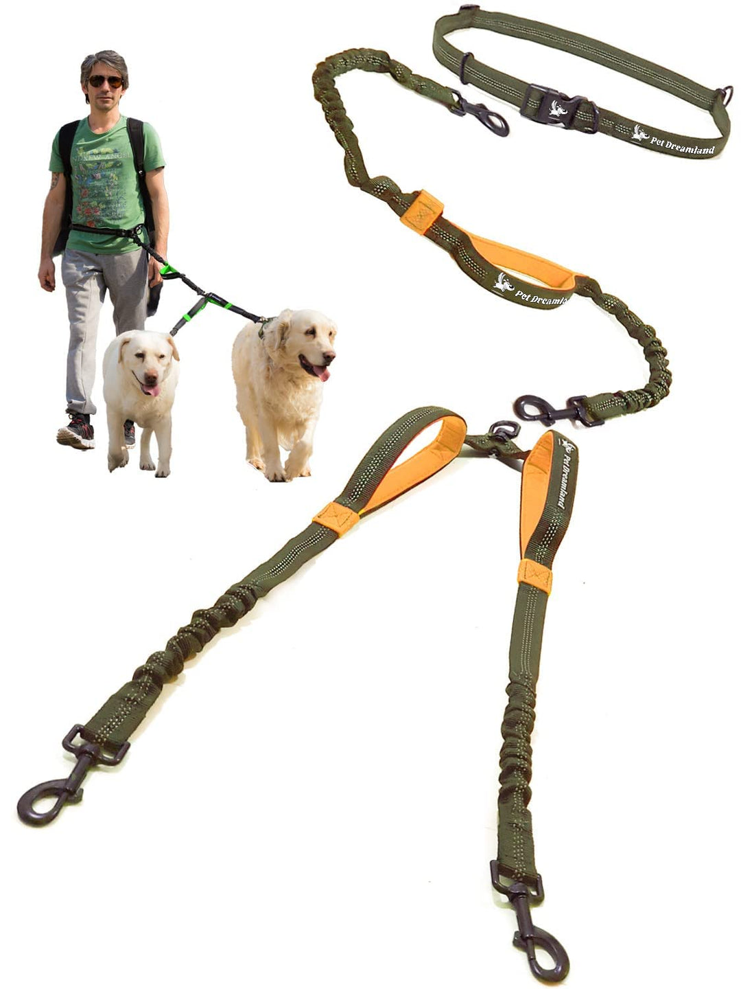 Pet Dreamland Double Leash Hands Free - Two Dogs Coupler Complete Set - No Tangle, No Pull Tandem Du