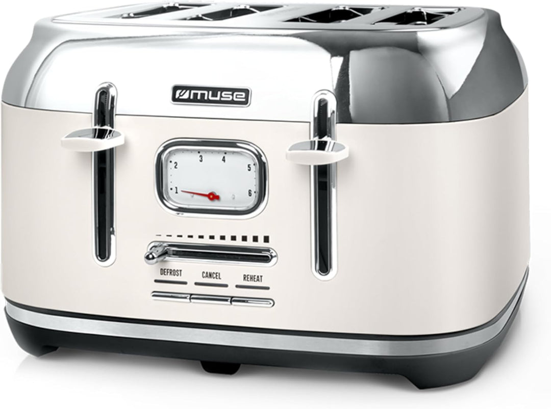 Muse Edelstahl-Toaster im weissen Retro Design, analoge Anzeige, beleuchtete Tasten, 6 Bräunungsstuf