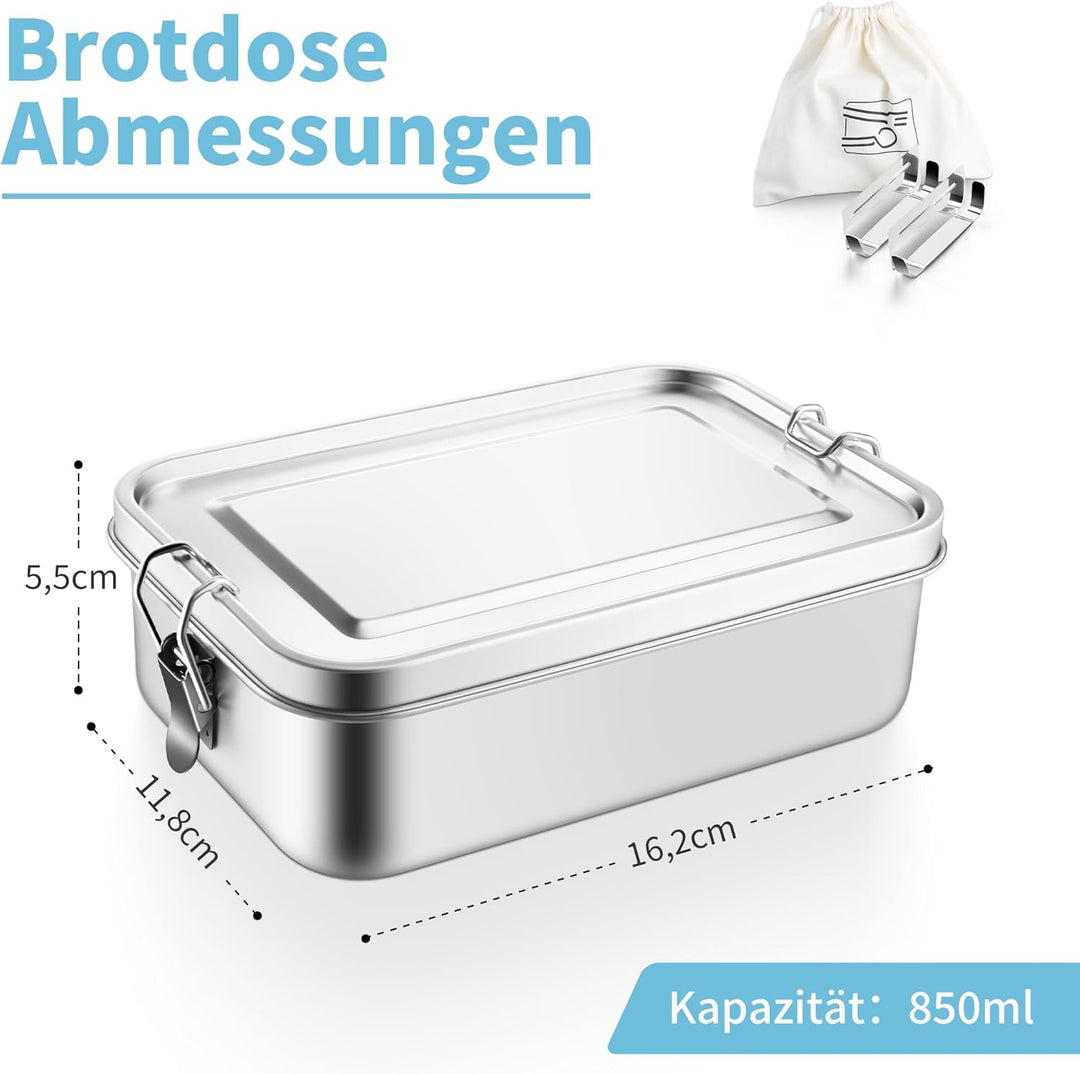 Homikit Edelstahl Brotdose mit 2 Fächern, 850ml Bento Box mit Tasche für Kinder und Erwachsene, Ausl