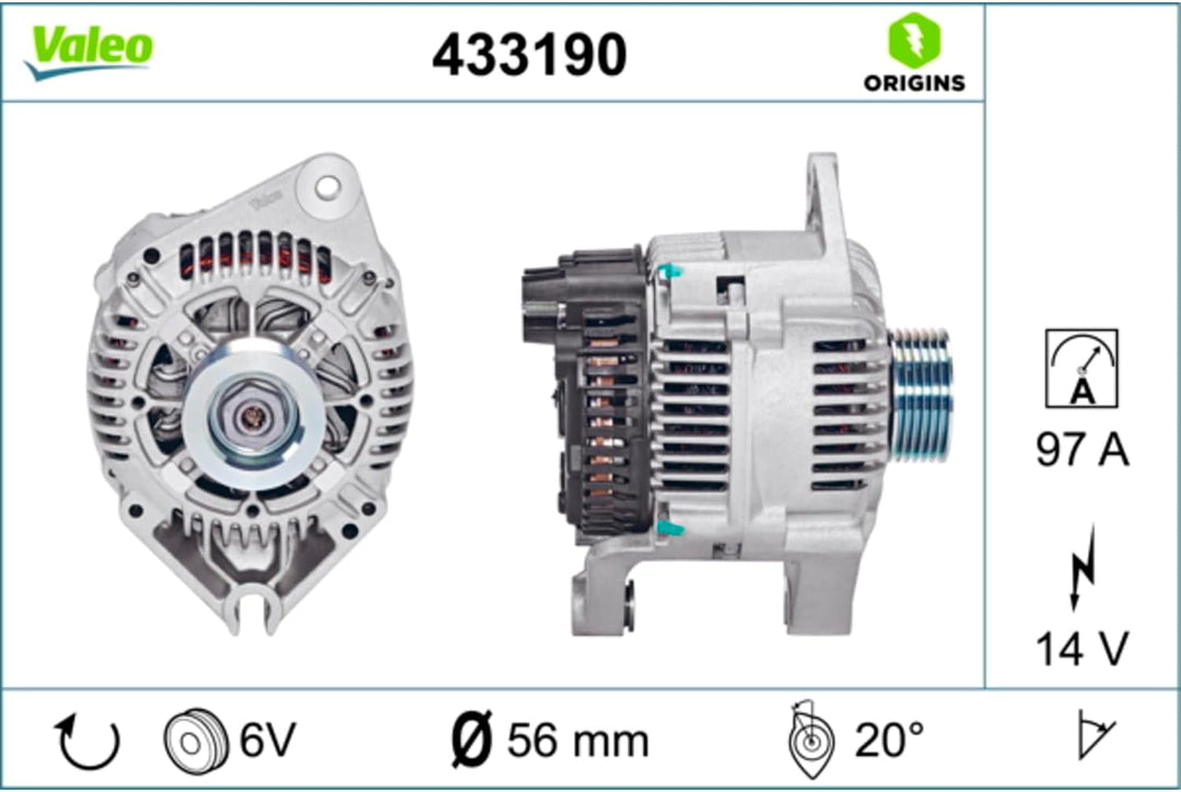 VALEO 433190 Generator Ladestrom des Generators: 97 Amp Rippen: 6 rippen Riemenscheibe Ø: 56 mm Span