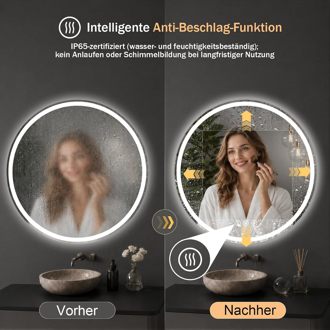 XRAMFY Badspiegel mit Beleuchtung 60cm*60cm, Antibeschlag, Rund Badezimmerspiegel mit Beleuchtung LE