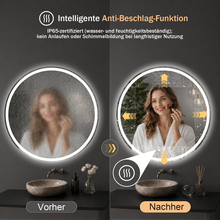 XRAMFY Badspiegel mit Beleuchtung 60cm*60cm, Antibeschlag, Rund Badezimmerspiegel mit Beleuchtung LE