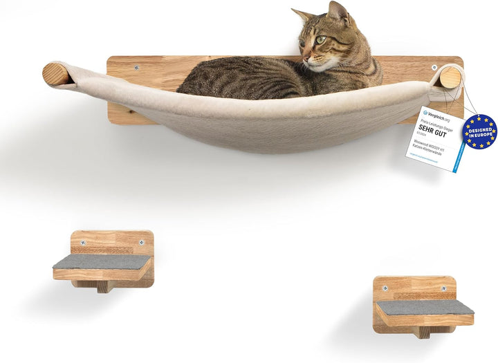 WOOWOOD® Kletterwand Katzen inkl. 2X Katzentreppe Wand [Massivholz] I Kratzbaum Wand I Hängematte Ka