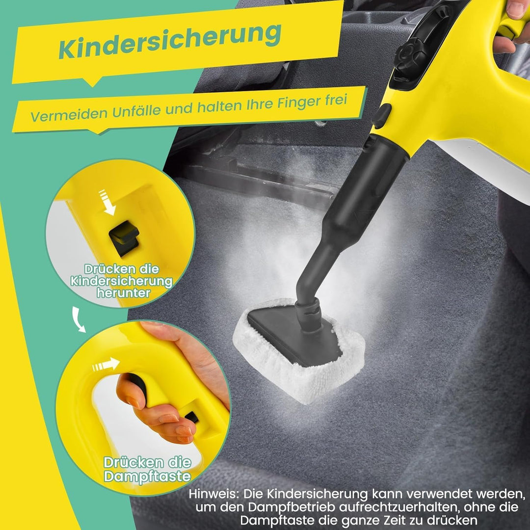 FANTASK 1500W Dampfreiniger bis zu 125℃ in Gelb, mit 400ML Tank, Aufheizzeit: 1 min, Dampfreiniger H