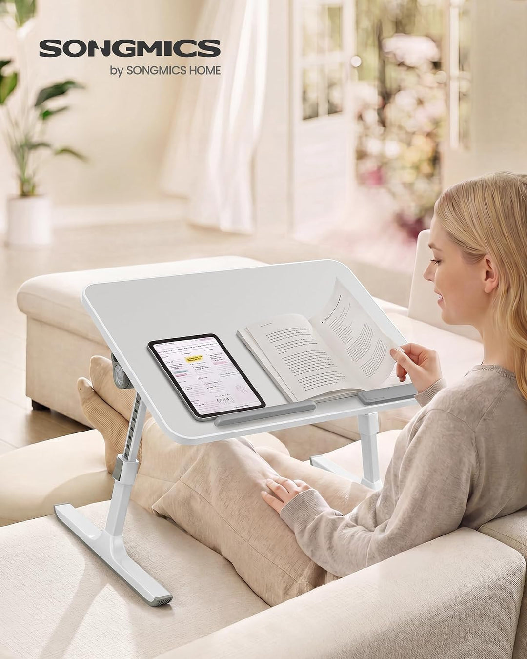 SONGMICS Laptoptisch, Betttisch mit Schublade, aus Holzspanplatte, Aluminiumlegierung und ABS-Kunsts
