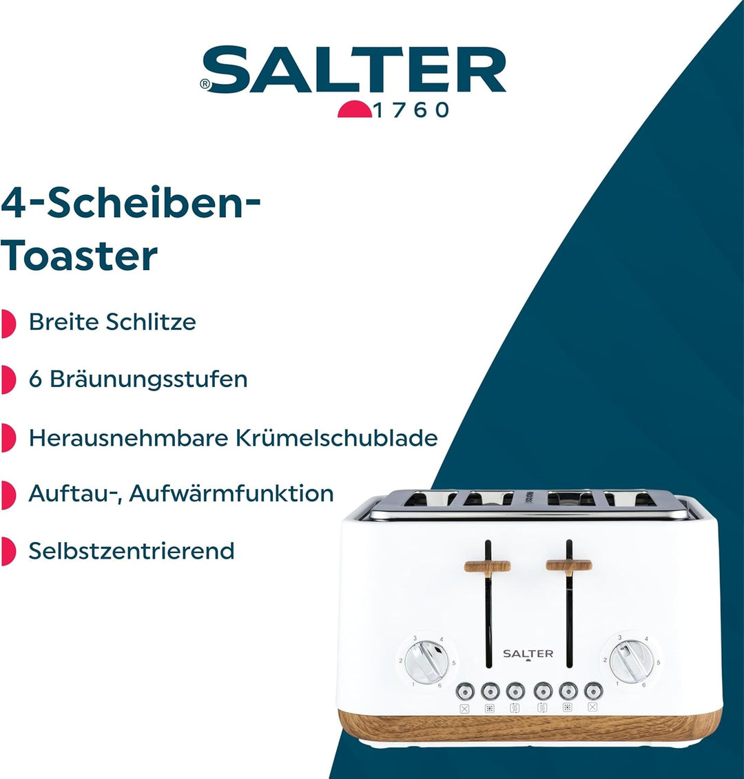 SALTER Toronto 4-Scheiben-Toaster – Breite Schlitze, 6 Bräunungsstufen, herausnehmbare Krümelschubla