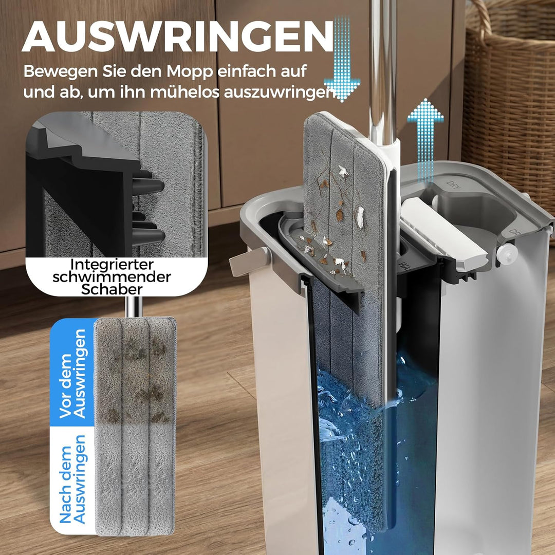 Masthome Wischmopp Set mit Eimer,Bodenwischer Set mit 10 Mikrofaser Pads und Langem Edelstahl Griff,