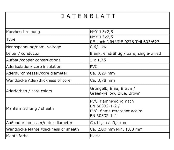 M&G Techno 50m NYY-J 3x2,5 mm² Erdkabel Elektro Strom Kabel Kupfer eindrähtig Made in Germany 50m NY