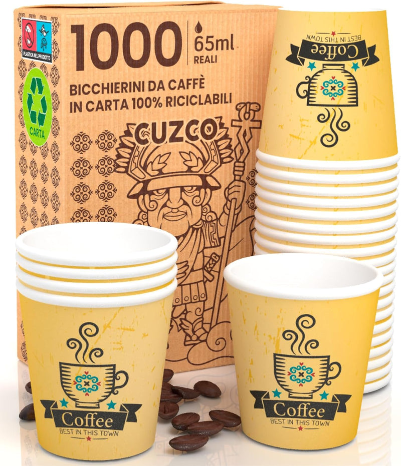 1000 Kaffeebecher aus Papier, 65 ml, CuzcoYellowCUP Umweltfreundliche & biologisch abbaubare Einwegb