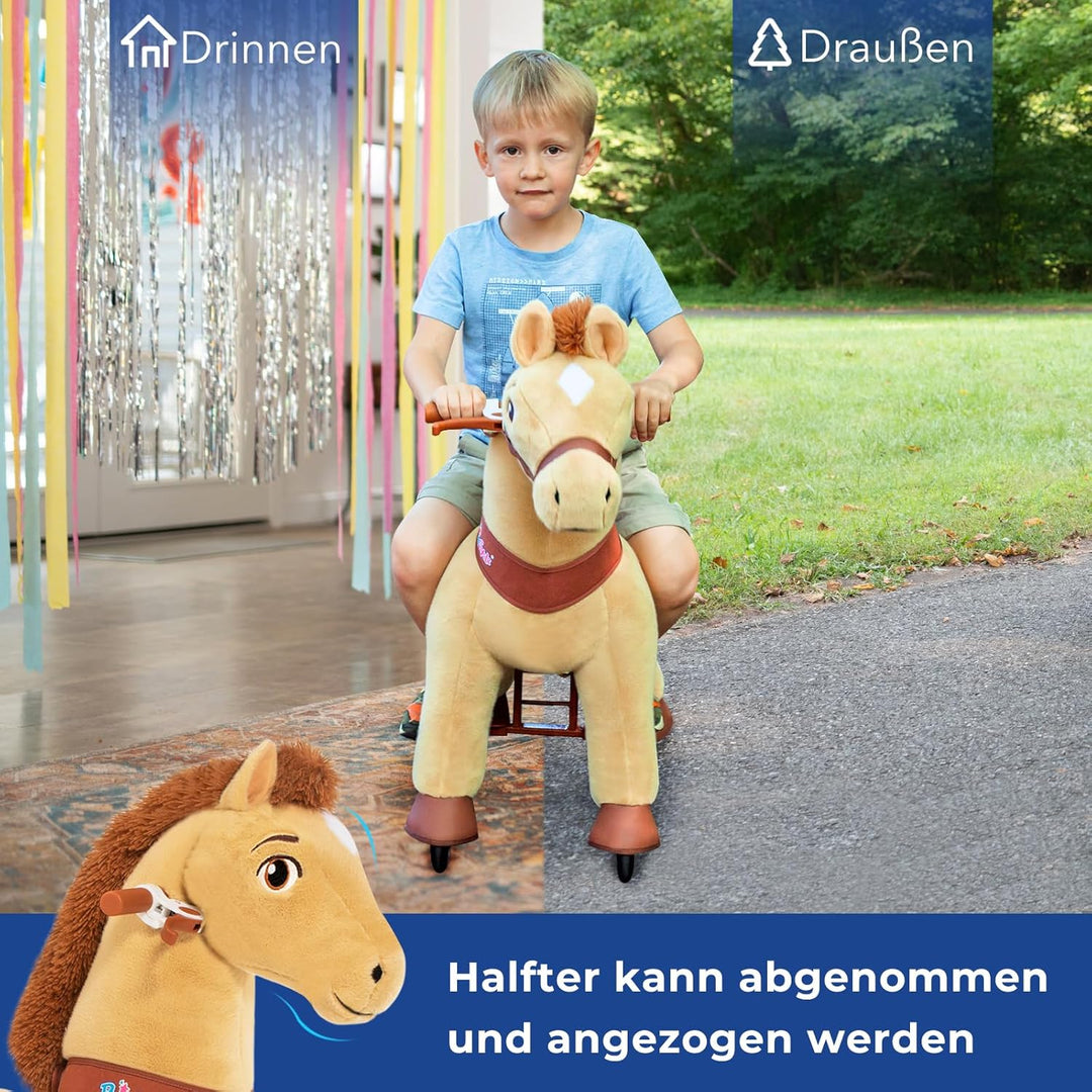 PonyCycle Reitpferd mit Rollen, für Kinder 4–7 Jahre, 90cm Hoch, Plüsch Reitpony mit Handbremse, Sch