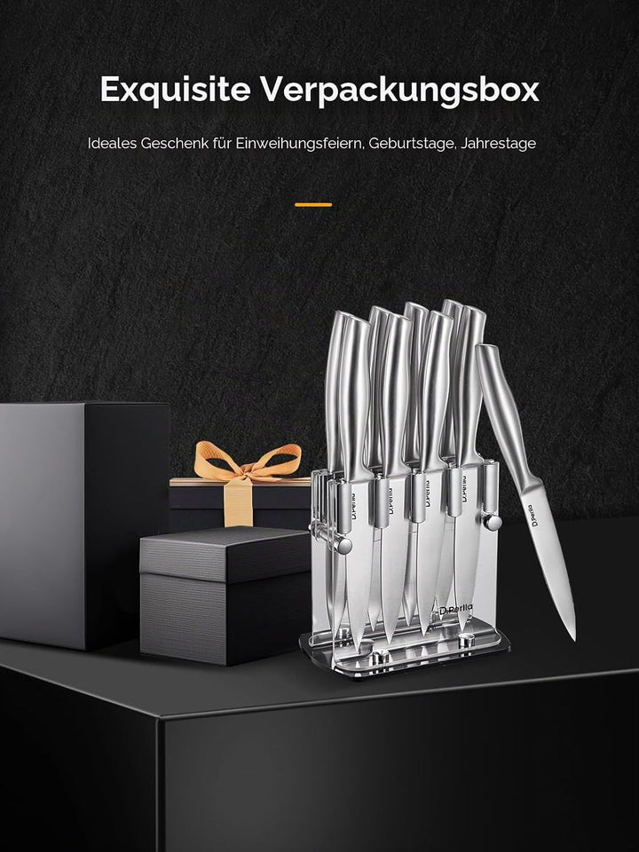 D.Perlla Steakmesser, Steakmesser Set 9-teilig，Scharfes Steakmesserset mit ergonomischem Griff, 8 St