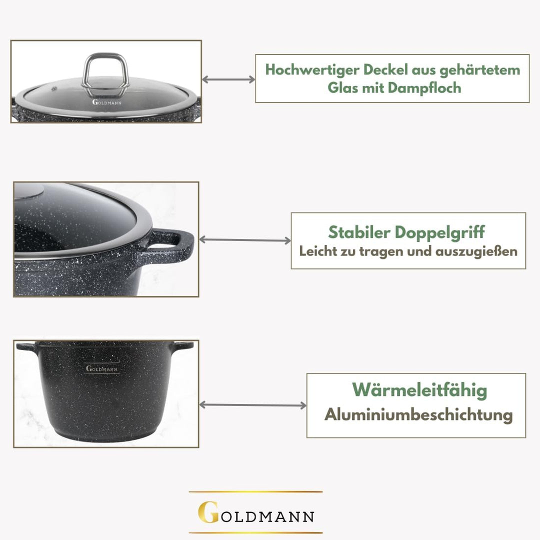 GOLDMANN 28 CM - 10L - Aluguss-Kochtopf/Suppentopf mit Glasdeckel und Silikongriffen, Marmor-Keramik