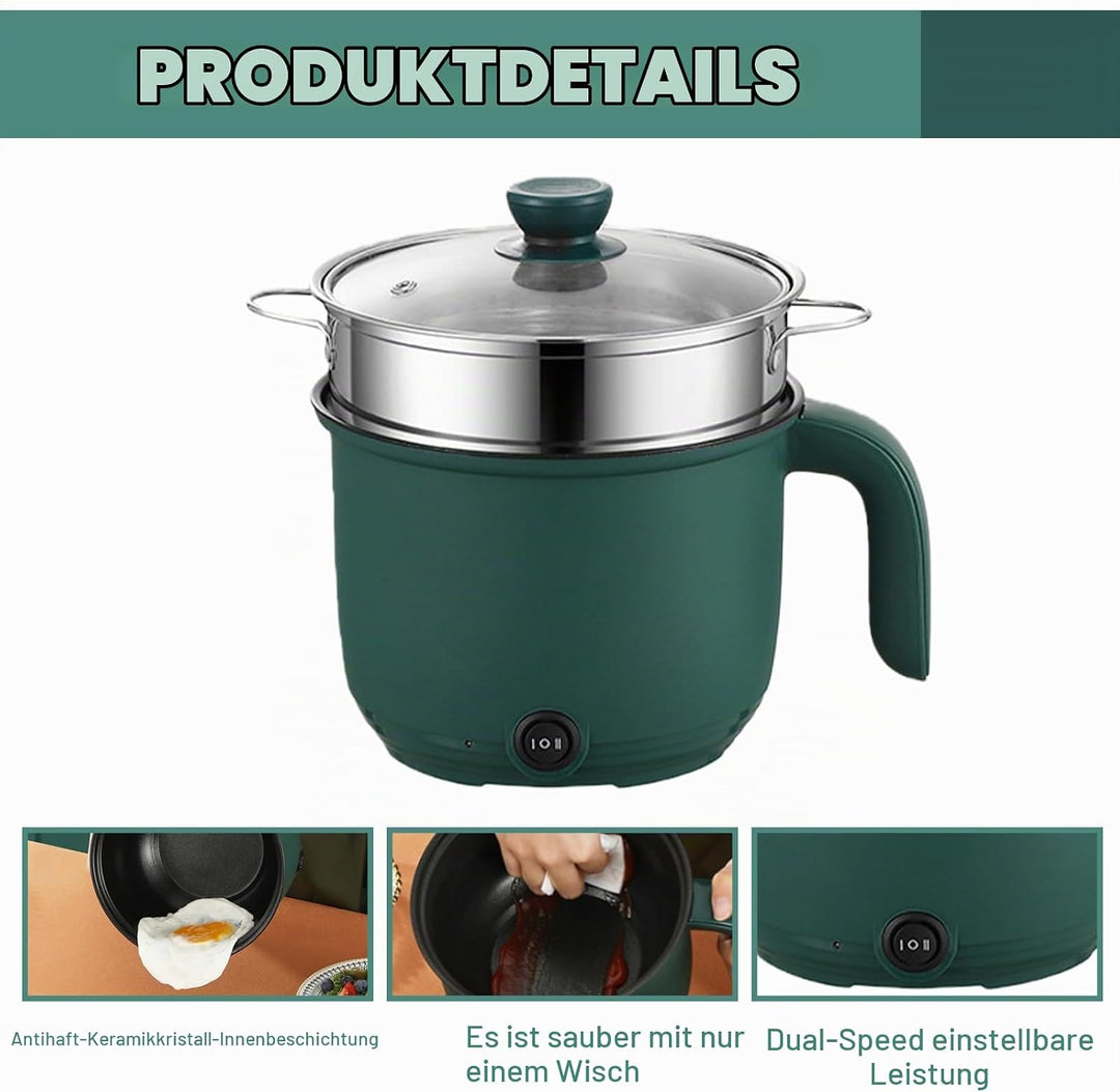 Elektrischer Hot Pot 1.5L, Tragbare Mini Antihaft Multikocher mit Dampfgarer, Schneller Ramen Kocher