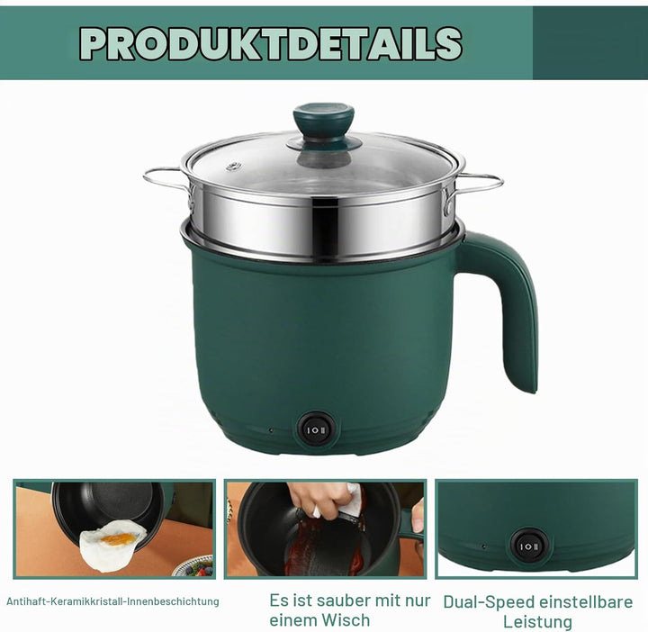 Elektrischer Hot Pot 1.5L, Tragbare Mini Antihaft Multikocher mit Dampfgarer, Schneller Ramen Kocher