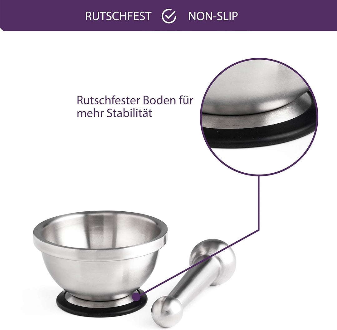 Mastrad Mörser und Stössel aus Edelstahl - widerstandsfähig und geruchsneutral - mit rutschfestem Bo